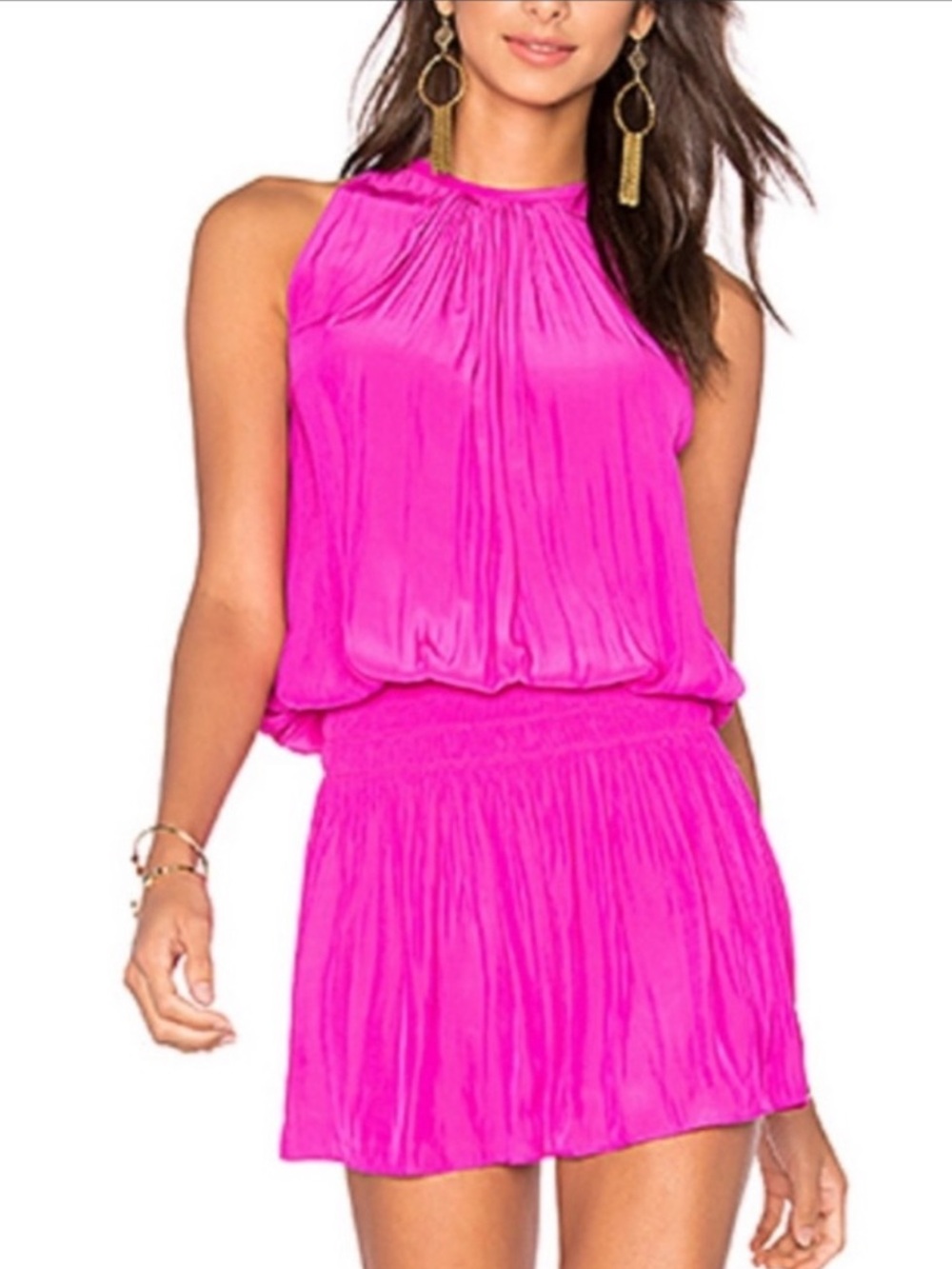 RAMY BROOK Revolve Paris Dress Hot Pink High Neck Sleeveless Blouson Smocked L